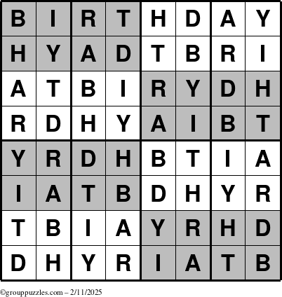 The grouppuzzles.com Answer grid for the Super-Birthday puzzle for Tuesday February 11, 2025