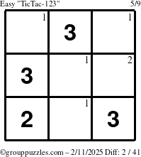 The grouppuzzles.com Easy TicTac-123 puzzle for Tuesday February 11, 2025 with the first 2 steps marked