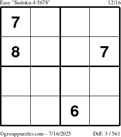 The grouppuzzles.com Easy Sudoku-4-5678 puzzle for Wednesday July 16, 2025