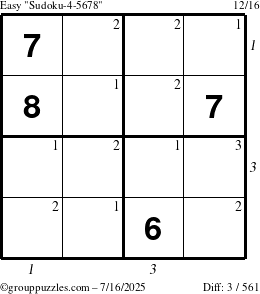 The grouppuzzles.com Easy Sudoku-4-5678 puzzle for Wednesday July 16, 2025 with all 3 steps marked