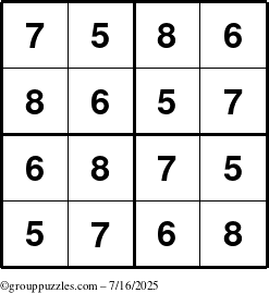 The grouppuzzles.com Answer grid for the Sudoku-4-5678 puzzle for Wednesday July 16, 2025