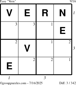 The grouppuzzles.com Easy Vern puzzle for Wednesday July 16, 2025 with all 3 steps marked