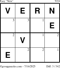 The grouppuzzles.com Easy Vern puzzle for Wednesday July 16, 2025 with the first 3 steps marked