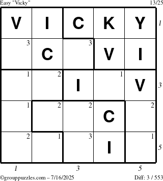 The grouppuzzles.com Easy Vicky puzzle for Wednesday July 16, 2025 with all 3 steps marked