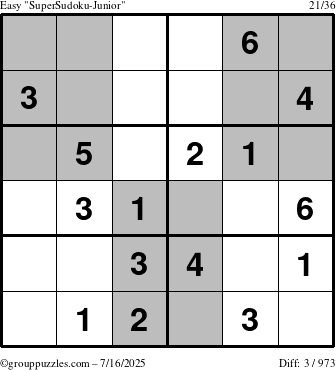 The grouppuzzles.com Easy SuperSudoku-Junior puzzle for Wednesday July 16, 2025