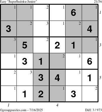 The grouppuzzles.com Easy SuperSudoku-Junior puzzle for Wednesday July 16, 2025 with all 3 steps marked