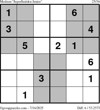 The grouppuzzles.com Medium SuperSudoku-Junior puzzle for Wednesday July 16, 2025