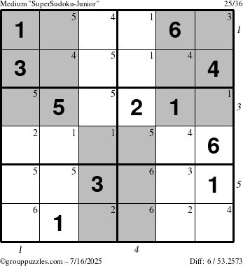 The grouppuzzles.com Medium SuperSudoku-Junior puzzle for Wednesday July 16, 2025 with all 6 steps marked