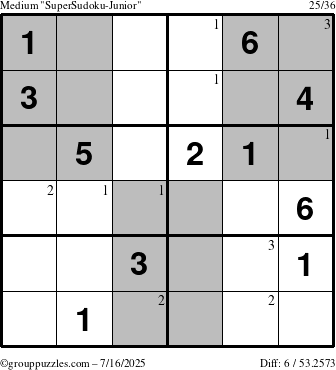 The grouppuzzles.com Medium SuperSudoku-Junior puzzle for Wednesday July 16, 2025 with the first 3 steps marked