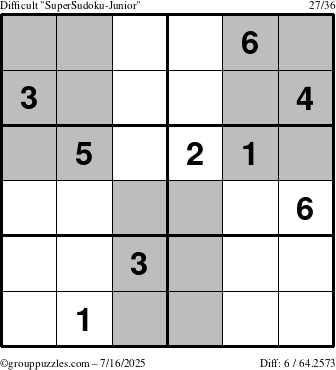 The grouppuzzles.com Difficult SuperSudoku-Junior puzzle for Wednesday July 16, 2025