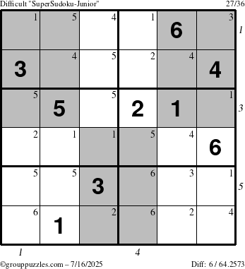The grouppuzzles.com Difficult SuperSudoku-Junior puzzle for Wednesday July 16, 2025 with all 6 steps marked