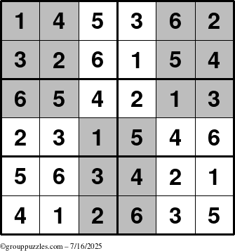 The grouppuzzles.com Answer grid for the SuperSudoku-Junior puzzle for Wednesday July 16, 2025