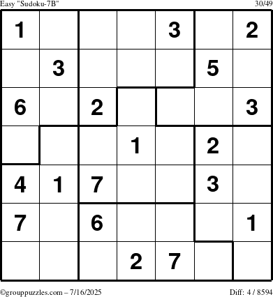 The grouppuzzles.com Easy Sudoku-7B puzzle for Wednesday July 16, 2025