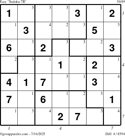 The grouppuzzles.com Easy Sudoku-7B puzzle for Wednesday July 16, 2025 with all 4 steps marked