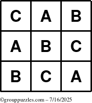 The grouppuzzles.com Answer grid for the TicTac-ABC puzzle for Wednesday July 16, 2025