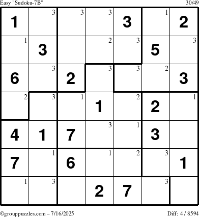 The grouppuzzles.com Easy Sudoku-7B puzzle for Wednesday July 16, 2025 with the first 3 steps marked