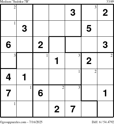 The grouppuzzles.com Medium Sudoku-7B puzzle for Wednesday July 16, 2025 with the first 3 steps marked
