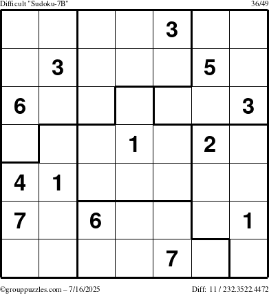 The grouppuzzles.com Difficult Sudoku-7B puzzle for Wednesday July 16, 2025