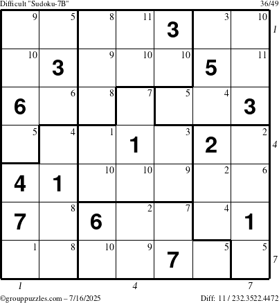 The grouppuzzles.com Difficult Sudoku-7B puzzle for Wednesday July 16, 2025 with all 11 steps marked