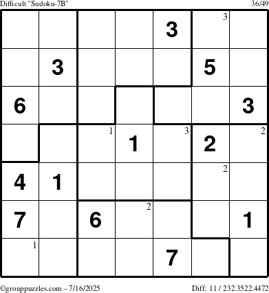The grouppuzzles.com Difficult Sudoku-7B puzzle for Wednesday July 16, 2025 with the first 3 steps marked