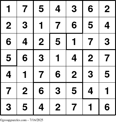 The grouppuzzles.com Answer grid for the Sudoku-7B puzzle for Wednesday July 16, 2025