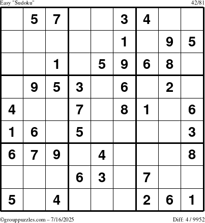 The grouppuzzles.com Easy Sudoku puzzle for Wednesday July 16, 2025