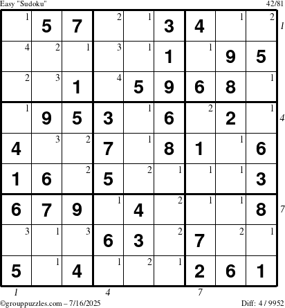 The grouppuzzles.com Easy Sudoku puzzle for Wednesday July 16, 2025 with all 4 steps marked