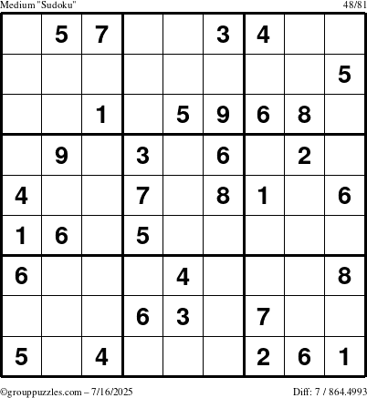 The grouppuzzles.com Medium Sudoku puzzle for Wednesday July 16, 2025