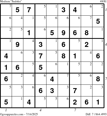 The grouppuzzles.com Medium Sudoku puzzle for Wednesday July 16, 2025 with all 7 steps marked
