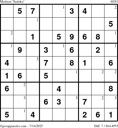 The grouppuzzles.com Medium Sudoku puzzle for Wednesday July 16, 2025 with the first 3 steps marked