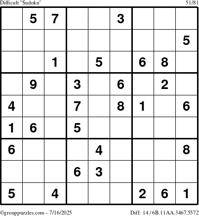 The grouppuzzles.com Difficult Sudoku puzzle for Wednesday July 16, 2025