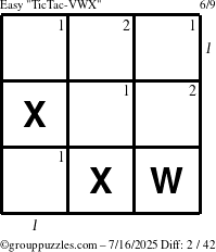 The grouppuzzles.com Easy TicTac-VWX puzzle for Wednesday July 16, 2025 with all 2 steps marked