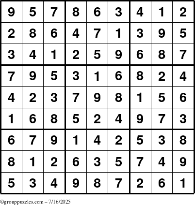 The grouppuzzles.com Answer grid for the Sudoku puzzle for Wednesday July 16, 2025
