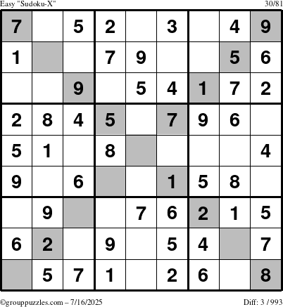 The grouppuzzles.com Easy Sudoku-X puzzle for Wednesday July 16, 2025