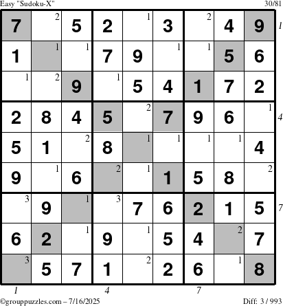 The grouppuzzles.com Easy Sudoku-X puzzle for Wednesday July 16, 2025 with all 3 steps marked
