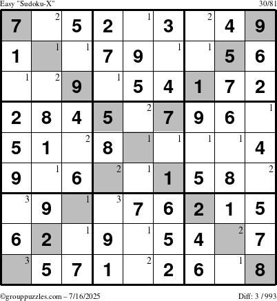 The grouppuzzles.com Easy Sudoku-X puzzle for Wednesday July 16, 2025 with the first 3 steps marked