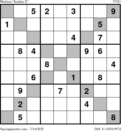 The grouppuzzles.com Medium Sudoku-X puzzle for Wednesday July 16, 2025