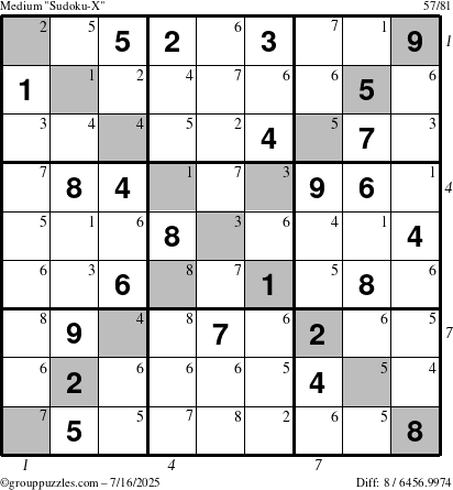 The grouppuzzles.com Medium Sudoku-X puzzle for Wednesday July 16, 2025 with all 8 steps marked