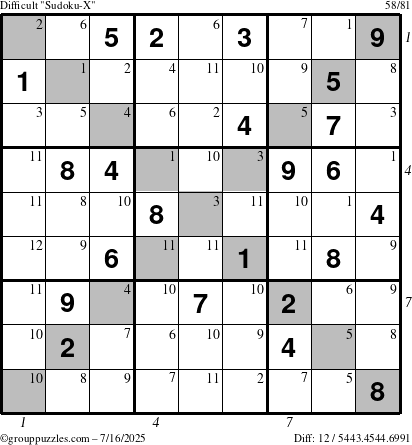 The grouppuzzles.com Difficult Sudoku-X puzzle for Wednesday July 16, 2025 with all 12 steps marked