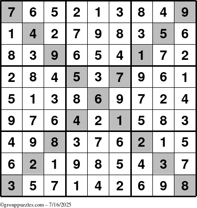 The grouppuzzles.com Answer grid for the Sudoku-X puzzle for Wednesday July 16, 2025