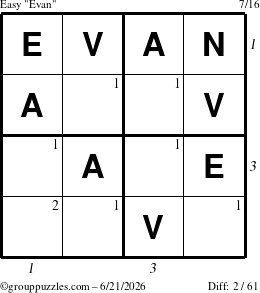 The grouppuzzles.com Easy Evan puzzle for Sunday June 21, 2026 with all 2 steps marked