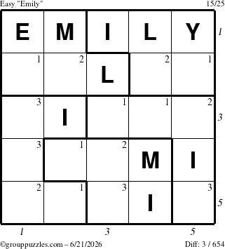 The grouppuzzles.com Easy Emily puzzle for Sunday June 21, 2026, suitable for printing, with all 3 steps marked