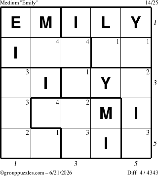 The grouppuzzles.com Medium Emily puzzle for Sunday June 21, 2026, suitable for printing, with all 4 steps marked