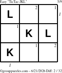 The grouppuzzles.com Easy TicTac-JKL puzzle for Sunday June 21, 2026, suitable for printing, with all 2 steps marked