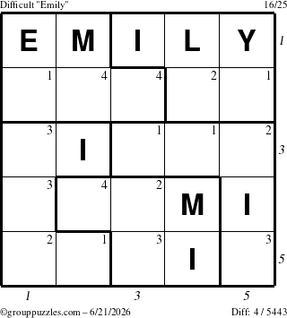 The grouppuzzles.com Difficult Emily puzzle for Sunday June 21, 2026, suitable for printing, with all 4 steps marked