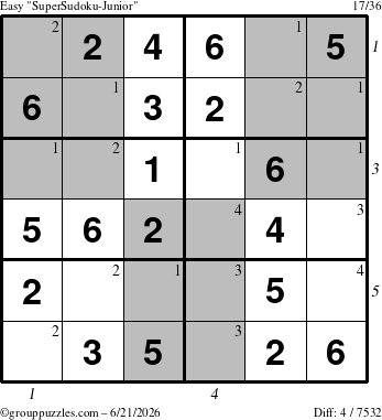 The grouppuzzles.com Easy SuperSudoku-Junior puzzle for Sunday June 21, 2026 with all 4 steps marked