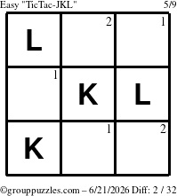 The grouppuzzles.com Easy TicTac-JKL puzzle for Sunday June 21, 2026 with the first 2 steps marked