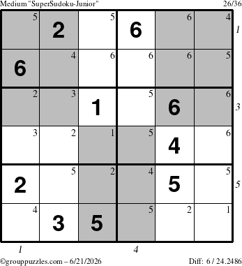 The grouppuzzles.com Medium SuperSudoku-Junior puzzle for Sunday June 21, 2026, suitable for printing, with all 6 steps marked