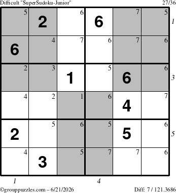 The grouppuzzles.com Difficult SuperSudoku-Junior puzzle for Sunday June 21, 2026 with all 7 steps marked