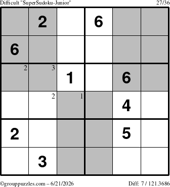 The grouppuzzles.com Difficult SuperSudoku-Junior puzzle for Sunday June 21, 2026 with the first 3 steps marked